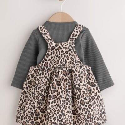 Charcoal Leopard Baby Cord Pinafore Long Sleeve Bodysuit & Tights Set