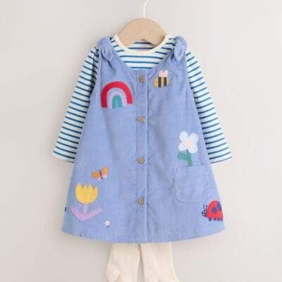 Blue Character Baby Cord Long Sleeve Bodysuit and Pinafore Dress with Tights Set