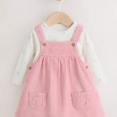 Pink Fairy Baby Cord Pinafore Dress and Long Sleeve Bodysuit 2 Piece Set