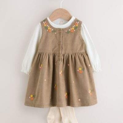 Olive Green Embroidered Baby Cord Pinafore Long Sleeve Bodysuit & Tights Set