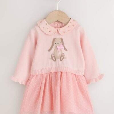 Pink Bunny Baby Knitted Twofer Dress