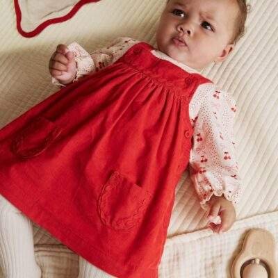 Red Bow Baby Cord Pinafore Long Sleeve Bodysuit & Tights Set