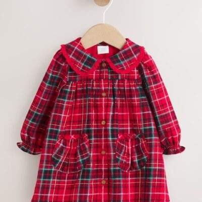 Red Check Baby Collar Long Sleeve Dress