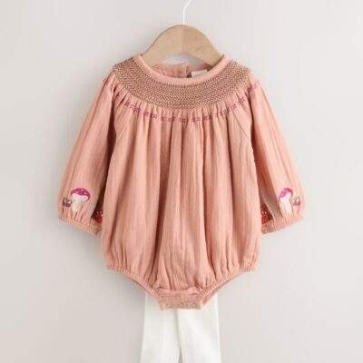 Tan Brown Embroidered Baby Bloomer Rompers with Tights Set 2 Piece