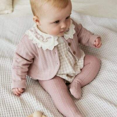 Pink Bubble Romper Long Sleeve Bodysuit Cardigan and Tights 4 Piece Set
