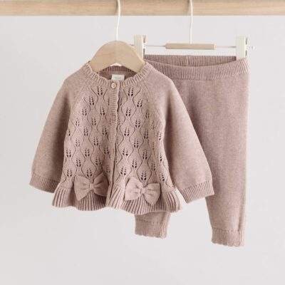 Mink Brown Frill Knitted Bow Baby Cardigan Set