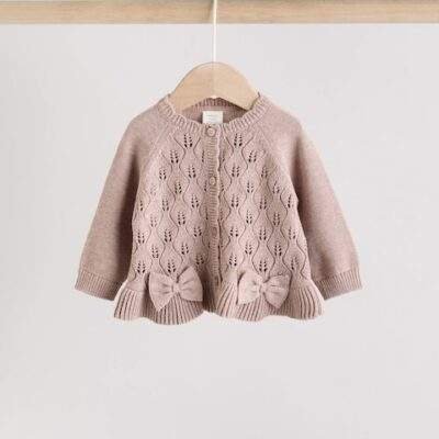Mink Brown Frill Knitted Bow Baby Cardigan Set