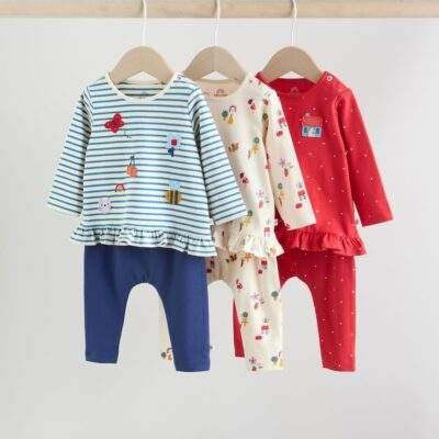 Red/Blue/Cream Long Sleeve Top And Leggings Set 6 Piece