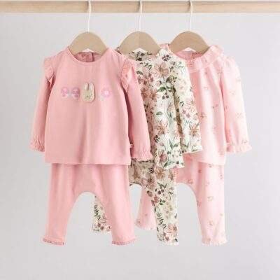 Pink/ Cream/ Bunny Character Long Sleeve Top And Leggings Set 6 Piece
