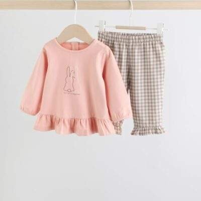 Pink/ Neutral Gingham Baby Long Sleeve Peplum Top and Trousers Set 2 Piece