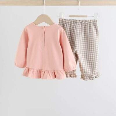 Pink/ Neutral Gingham Baby Long Sleeve Peplum Top and Trousers Set 2 Piece