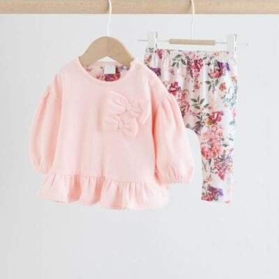 Pink/Cream Floral Baby Bow Sweaters and Leggings Set 2 Piece