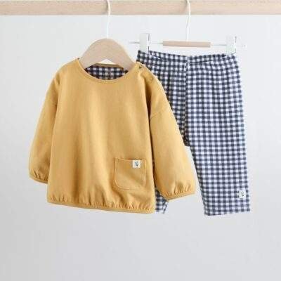 Yellow/Blue Gingham Baby Long Sleeve Top and Leggings Set 2 Piece