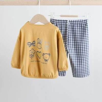 Yellow/Blue Gingham Baby Long Sleeve Top and Leggings Set 2 Piece