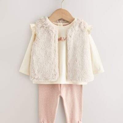 Pink/Cream Baby Fur Gilet, Top and Leggings 3 Piece Set