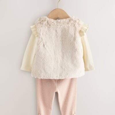 Pink/Cream Baby Fur Gilet, Top and Leggings 3 Piece Set