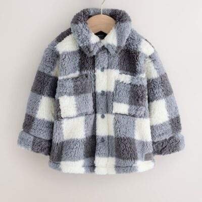 Grey Checkerboard Borg Fleece Shacket