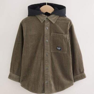 Khaki Green Corduroy Hooded Overshirt