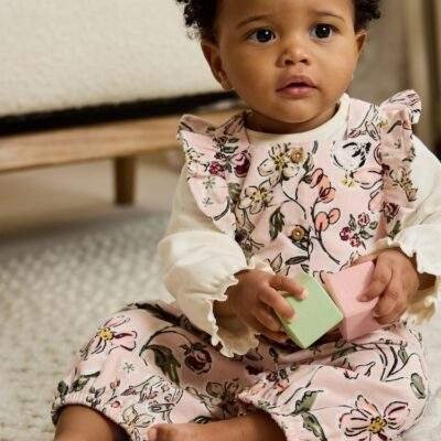 Pink Floral Baby Print Long Sleeve Bodysuit and Cord Dungarees Set 2 Piece