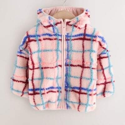 Pink Grid Print Zip Through Fleece