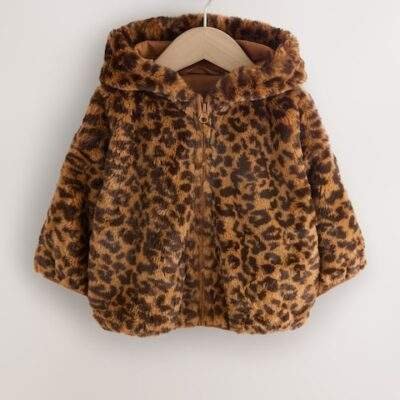 Brown Leopard Animal Print Faux Fur Zip Through Jacket