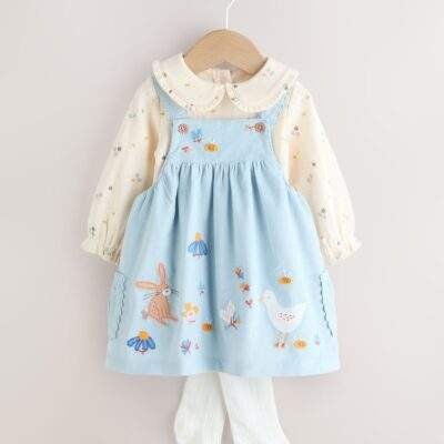 Blue Character Baby Cord Pinafore Long Sleeve Bodysuit & Tights Set