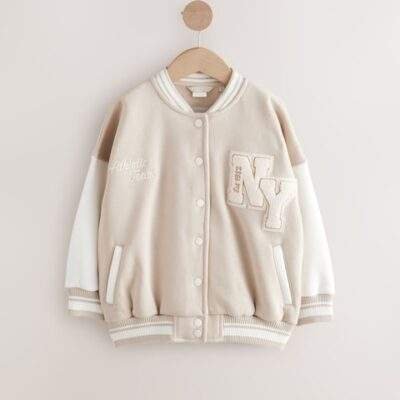 Beige Boucle Varsity Embroidered Jacket
