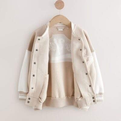 Beige Boucle Varsity Embroidered Jacket