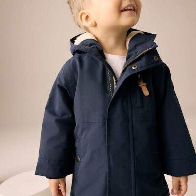 Navy Waterproof Borg Lined Parka Coat