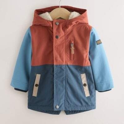 Navy/Red Colourblock Waterproof Borg Lined Parka Coat