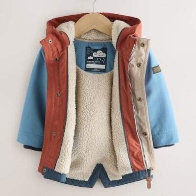 Navy/Red Colourblock Waterproof Borg Lined Parka Coat