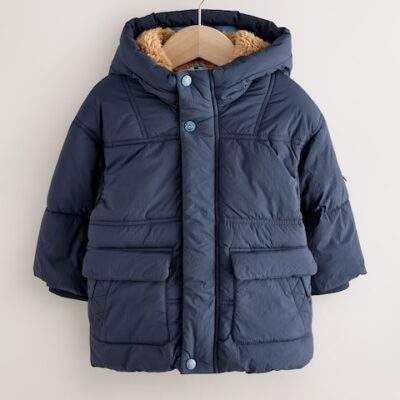 Navy Borg Lined Padded Shower Resistant Coat