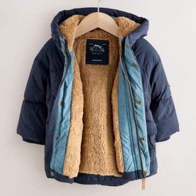 Navy Borg Lined Padded Shower Resistant Coat