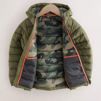 Khaki Green Quilted Midweight Hooded Jacket