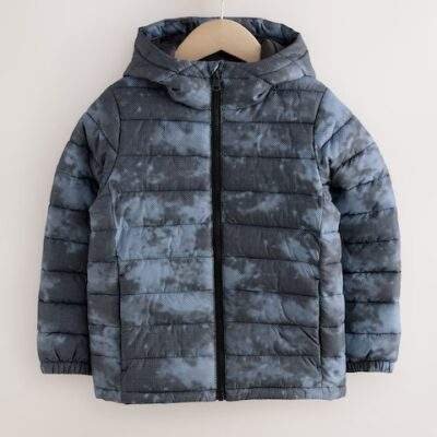Blue Digital Print Quilted Midweight Hooded Jacket