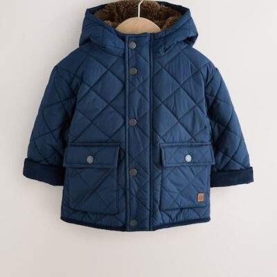 Navy Borg Lined Quilted Coat