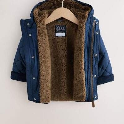 Navy Borg Lined Quilted Coat