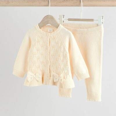 White Frill Knitted Bow Baby Cardigan Set