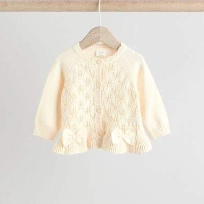 White Frill Knitted Bow Baby Cardigan Set