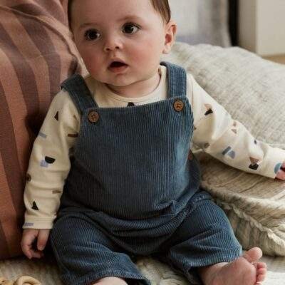 Mid Blue Cord Dungarees and Bodysuit Baby Set