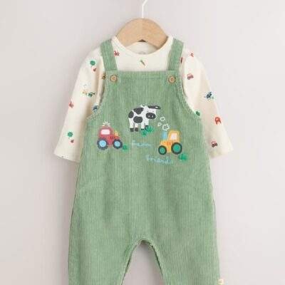 Green Farm Cord Dungarees and Bodysuit Baby Set
