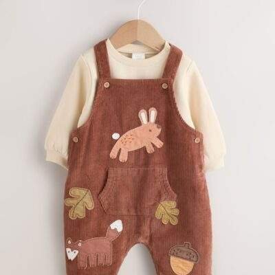 Brown Woodland Cord Dungarees and Bodysuit Baby Set