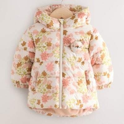 Pink Floral Shower Resistant Fleece Lined Hooded Padded Coat