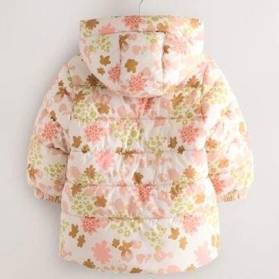 Pink Floral Shower Resistant Fleece Lined Hooded Padded Coat