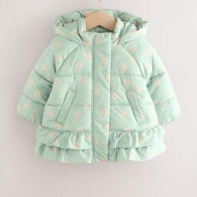 Sage Green Shower Resistant Padded Coat With Frill Hem