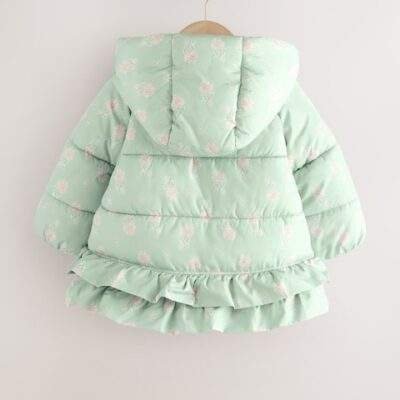 Sage Green Shower Resistant Padded Coat With Frill Hem