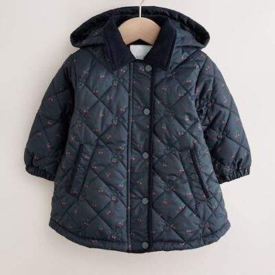 Navy Cherry Shower Resistant Embroidered Coat With Collar