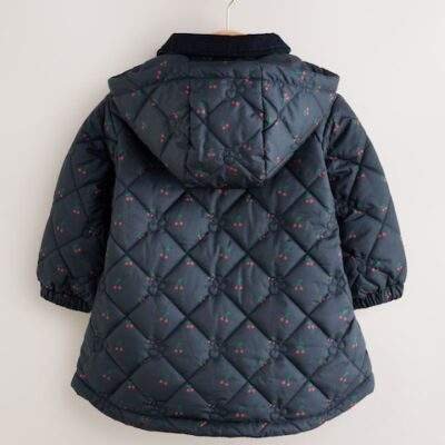 Navy Cherry Shower Resistant Embroidered Coat With Collar