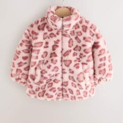 Pink Animal Faux Fur Bomber Jacket