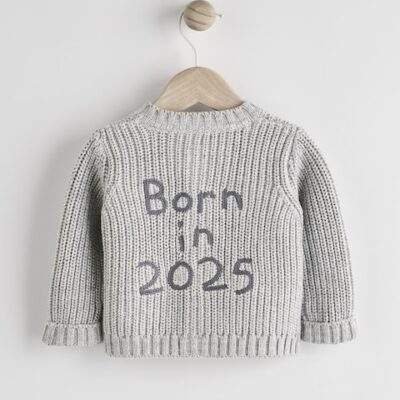 Grey Born In 2025 Baby Knitted 100% Cotton Cardigan